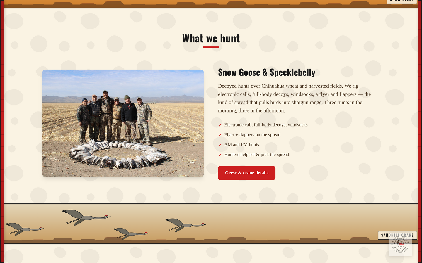 Rancho El Granero — an illustrated cream-and-red outfitter site